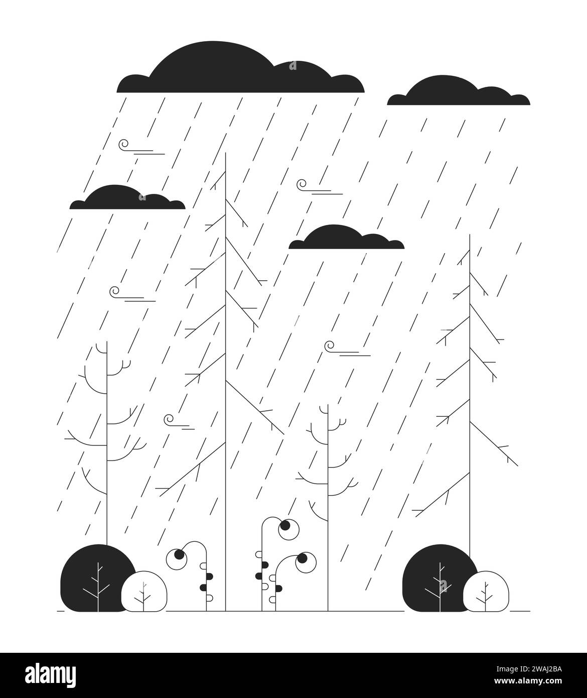 Autumn rainy weather black and white cartoon flat illustration Stock