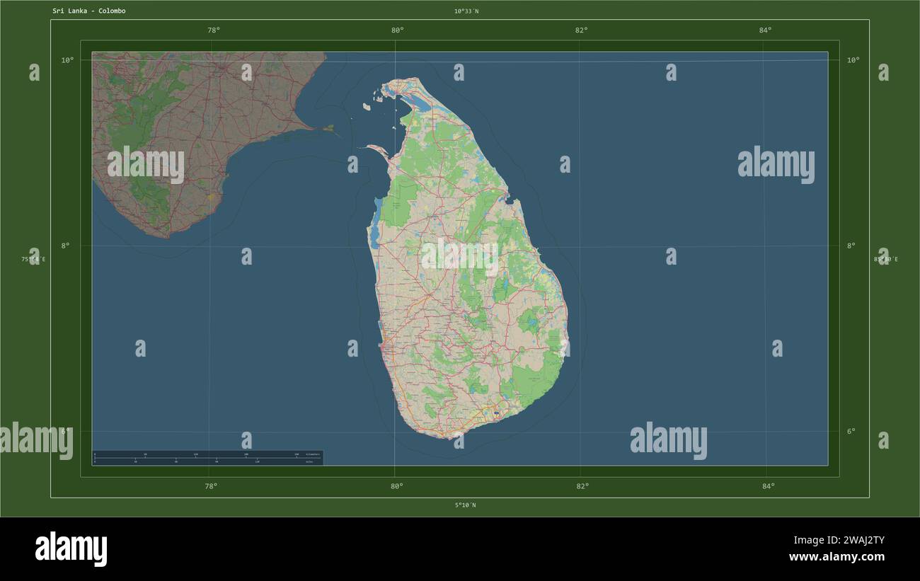 Sri Lanka highlighted on a topographic, OSM Germany style map map with the country's capital