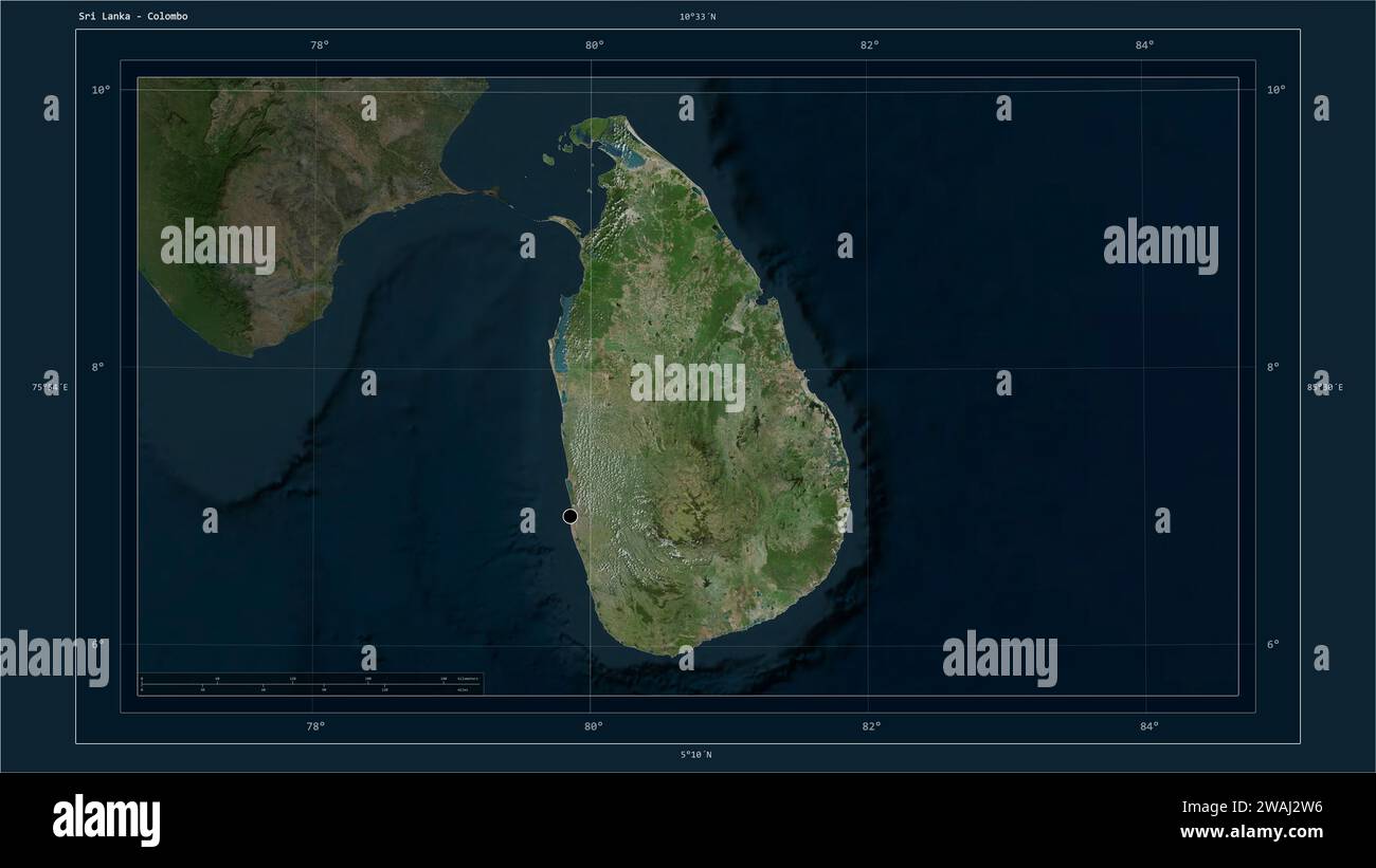Sri Lanka highlighted on a high resolution satellite map map with the country's capital point