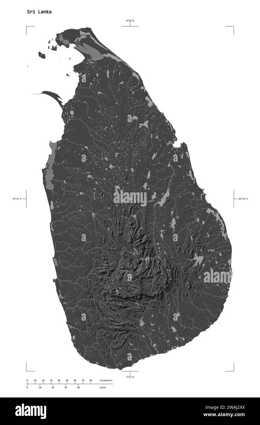 Shape of a Bilevel elevation map with lakes and rivers of the Sri Lanka, with distance scale and