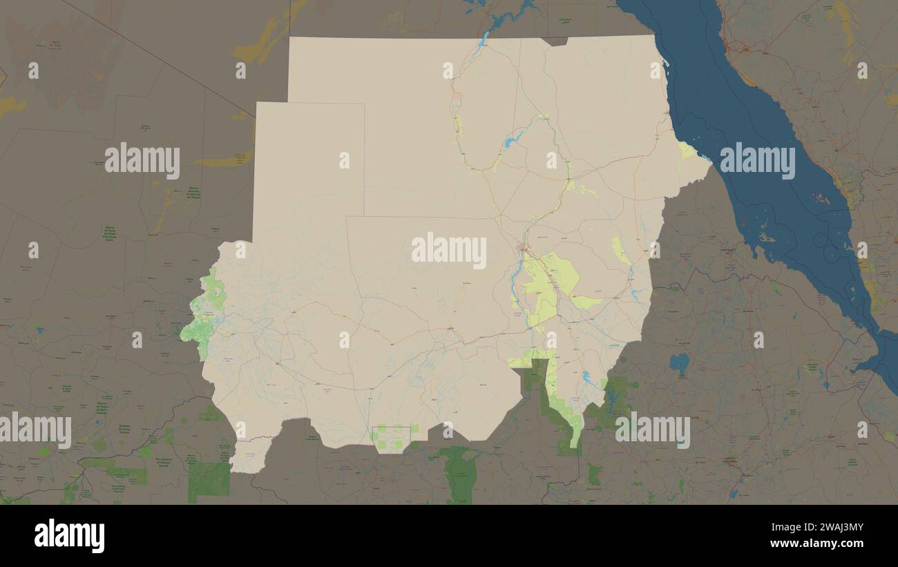 Sudan highlighted on a topographic, OSM standard style map Stock Photo