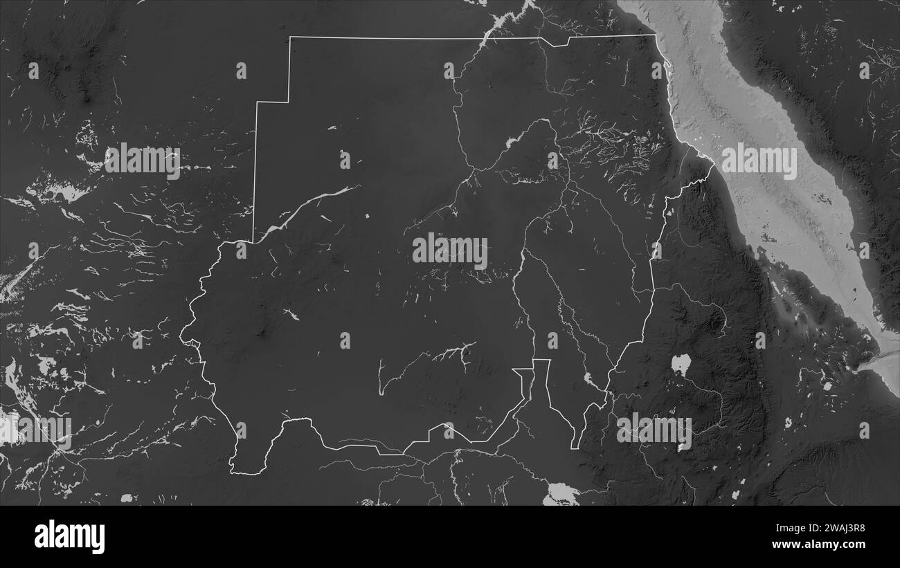 Sudan outlined on a Grayscale elevation map with lakes and rivers Stock Photo