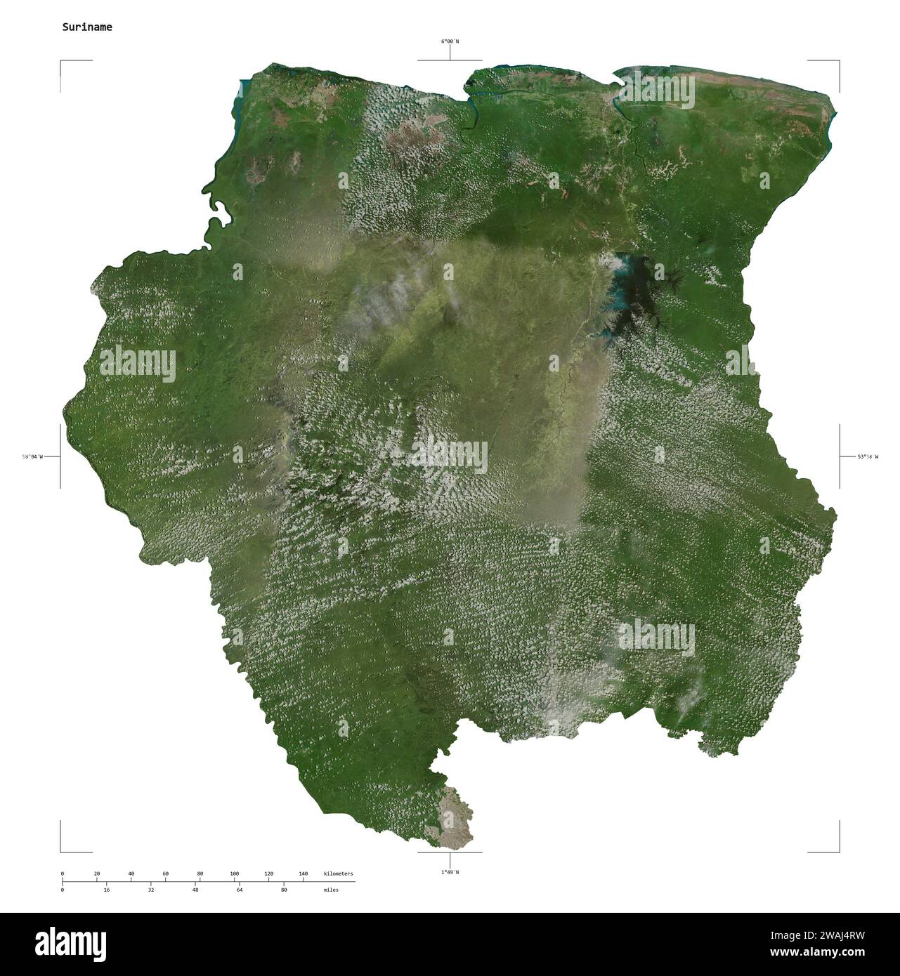 Suriname map solid border satellite - Shape Of A High Resolution Satellite Map Of The Suriname With Distance Scale And Map Border Coordinates Isolated On White 2WAJ4RW