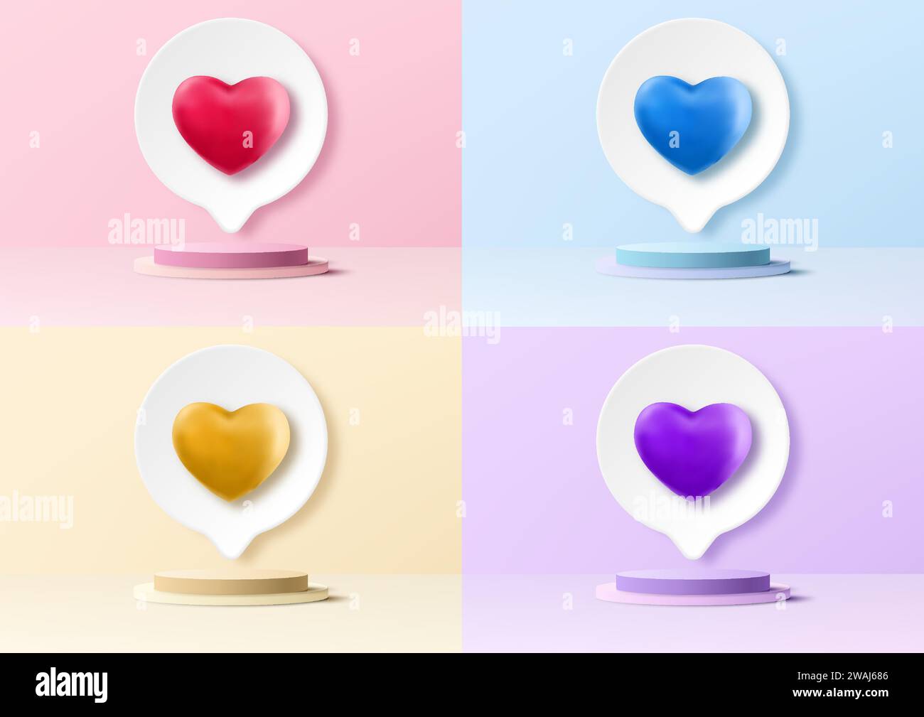 3D realistic podium platform pedestal stand with heart shape symbol backdrop on pastel background. Valentine day for product display mockup showcase. Stock Vector
