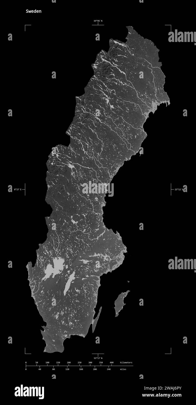Shape of a Grayscale elevation map with lakes and rivers of the Sweden, with distance scale and map border coordinates, isolated on black Stock Photo
