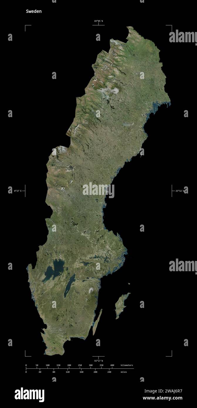 Shape of a high resolution satellite map of the Sweden, with distance