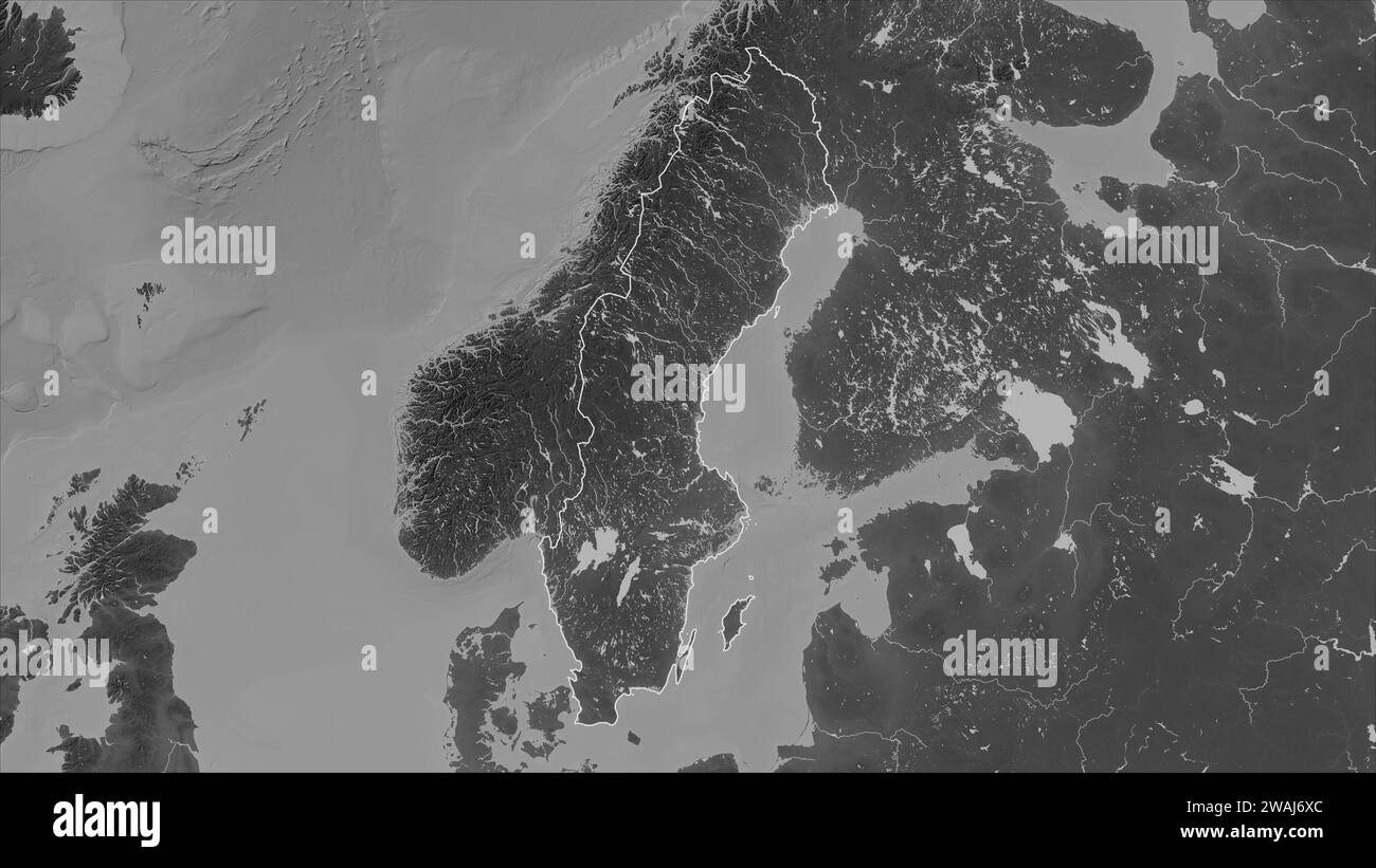 Sweden outlined on a Grayscale elevation map with lakes and rivers Stock Photo