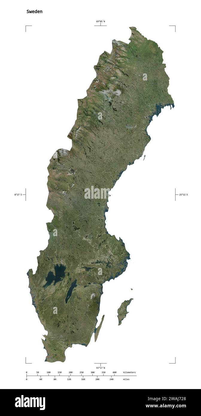 Shape of a high resolution satellite map of the Sweden, with distance ...