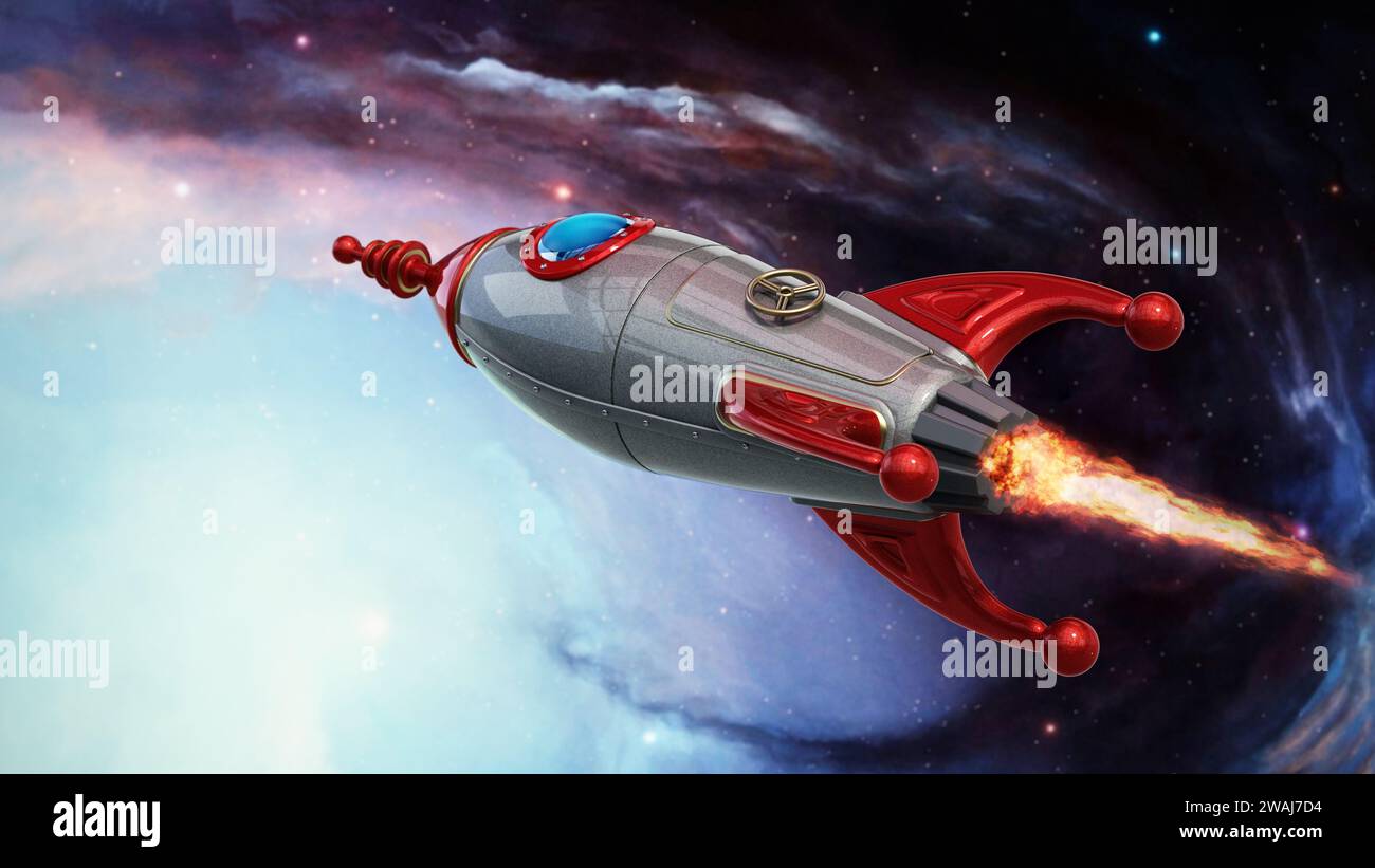 Retro rocketship in the space. 3D illustration. Stock Photo