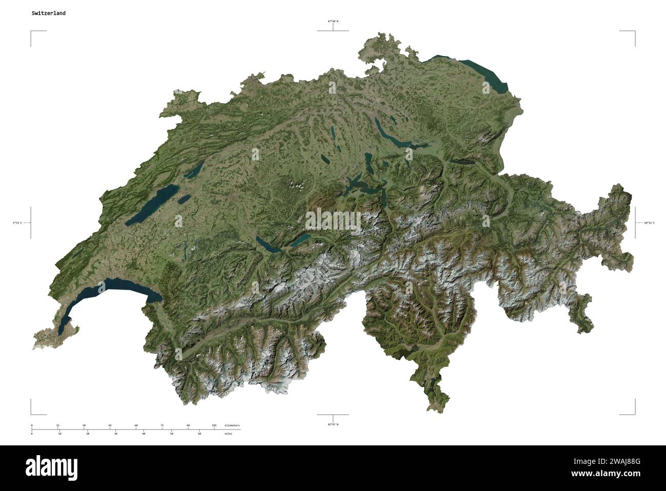Shape of a high resolution satellite map of the Switzerland, with ...