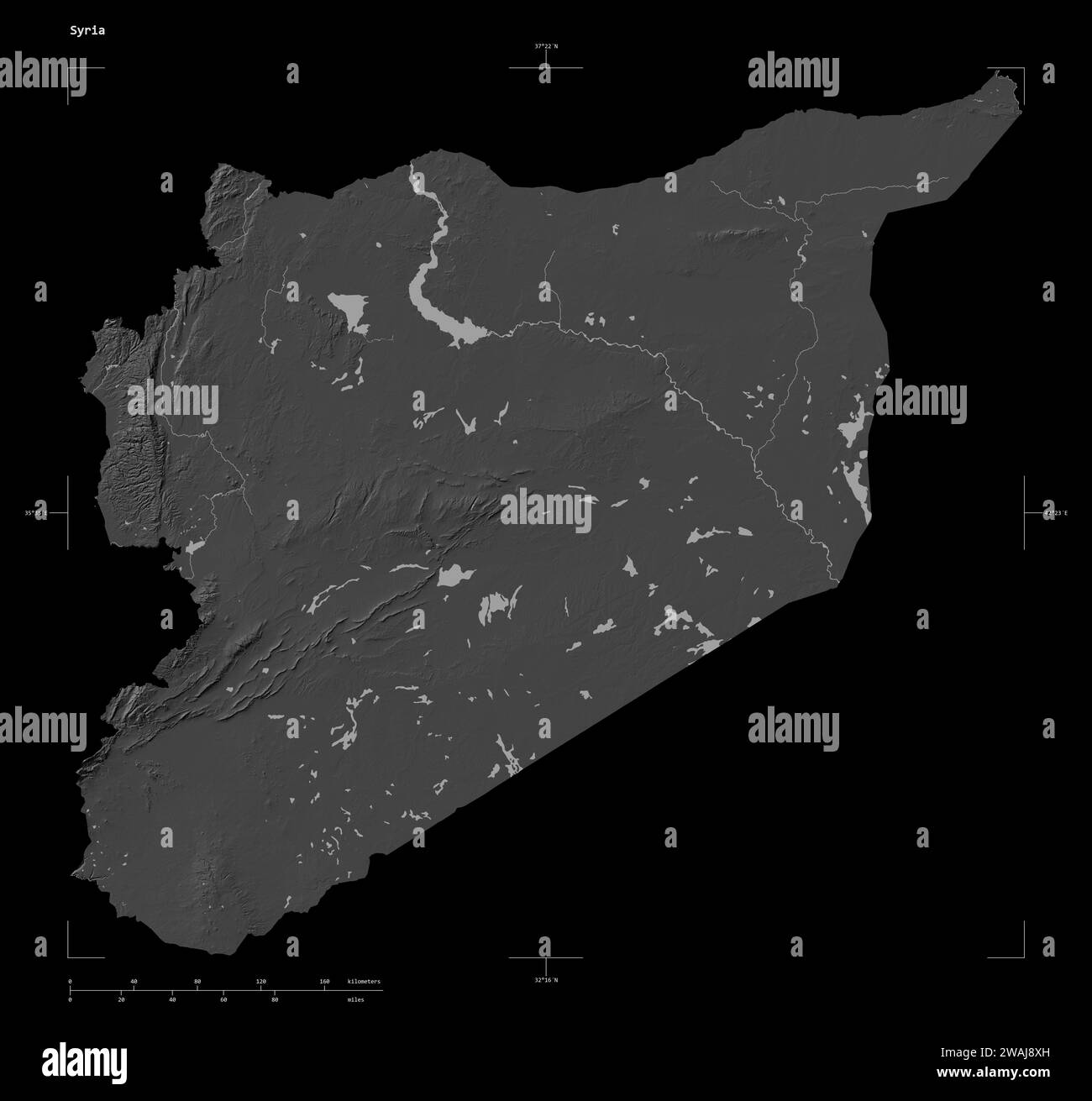 Shape of a Bilevel elevation map with lakes and rivers of the Syria, with distance scale and map border coordinates, isolated on black Stock Photo