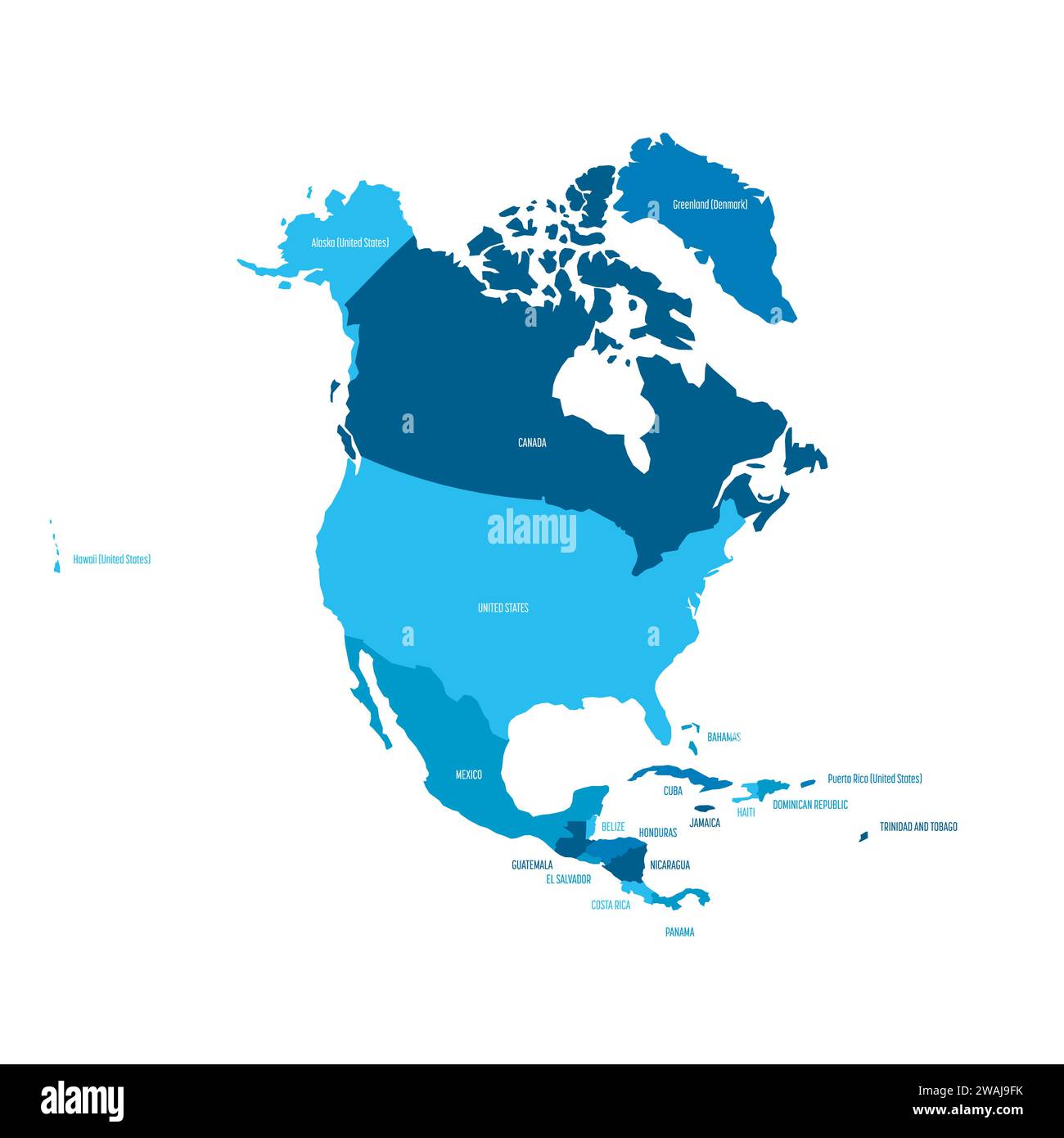 Political map of North America. Blue colored land with country name