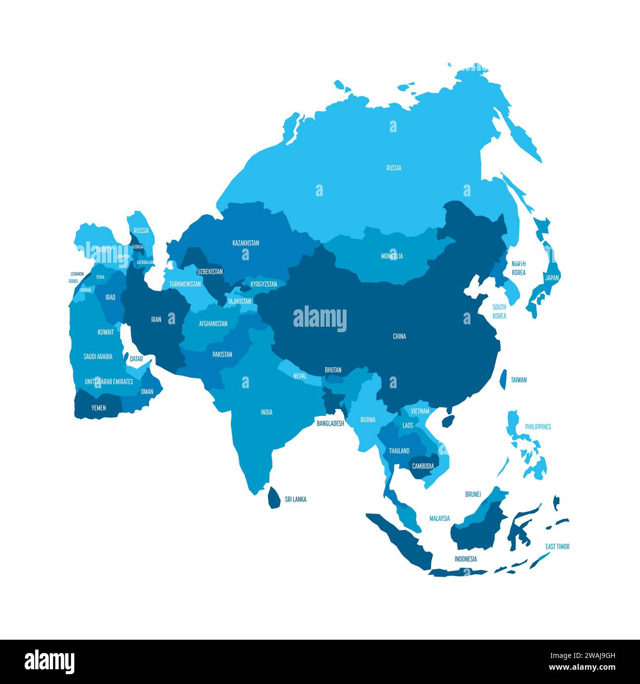 Political map of Asia. Blue colored land with country name labels on