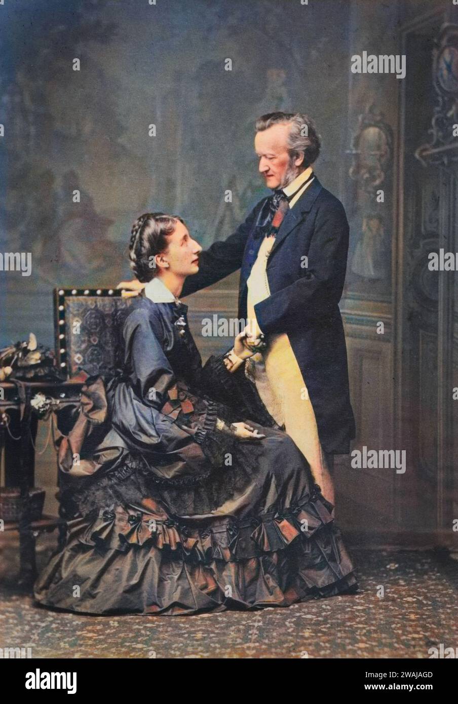 Richard and Cosima Wagner in Vienna - 1872 - after photo of Luckhardt - photo colorié ultérieurement - Later coloring. Stock Photo