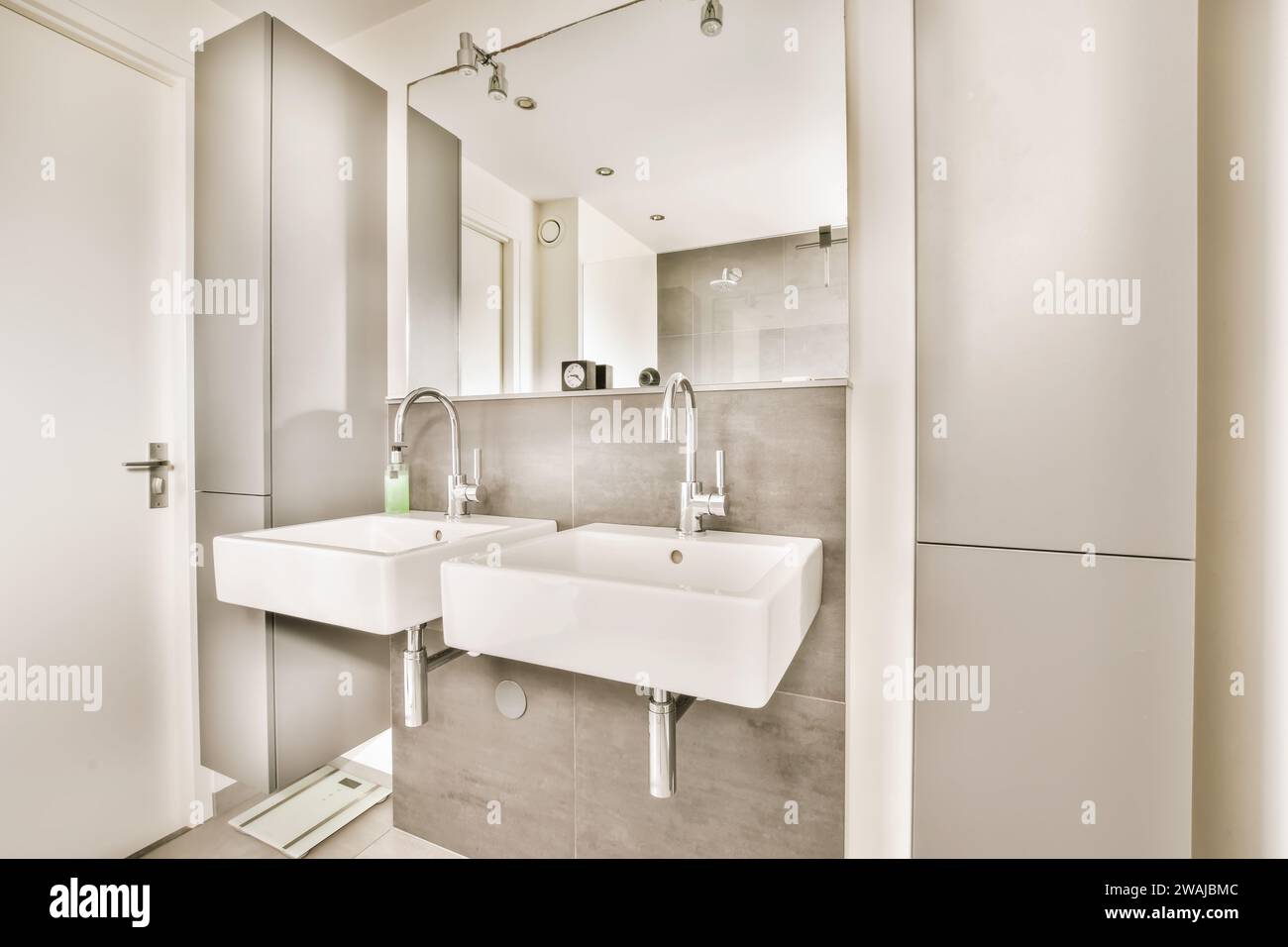German Engineered Modern Apartment Sink Reference: Double Ceramic Sinks With Stainless Steel Faucets And Mirror In