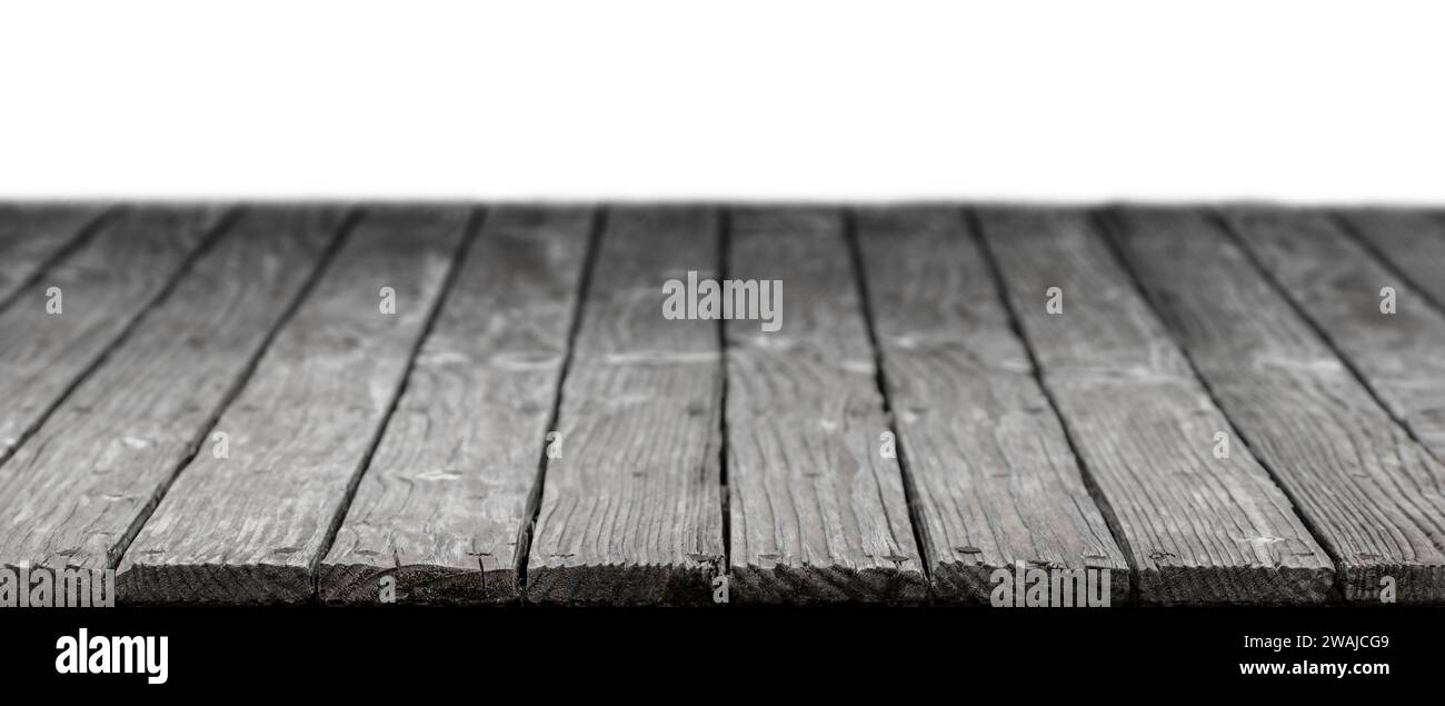 Dark Gray Wooden Desk Table or Floor. Old Wooden Boards Isolated on White Stock Photo