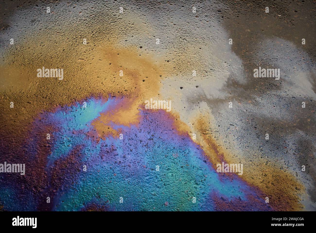 Multicolored poisonous spots of spilled gasoline on wet pavement