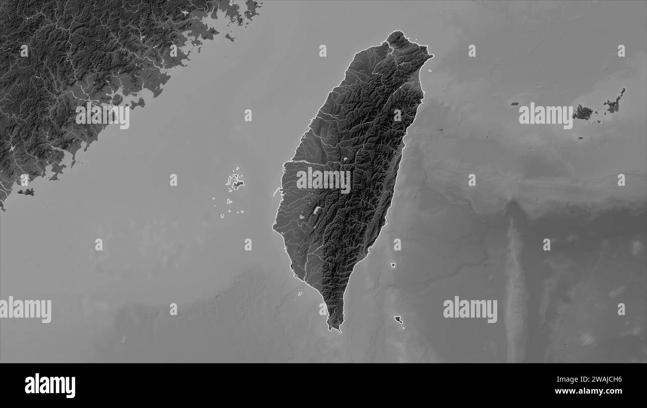Taiwan outlined on a Grayscale elevation map with lakes and rivers