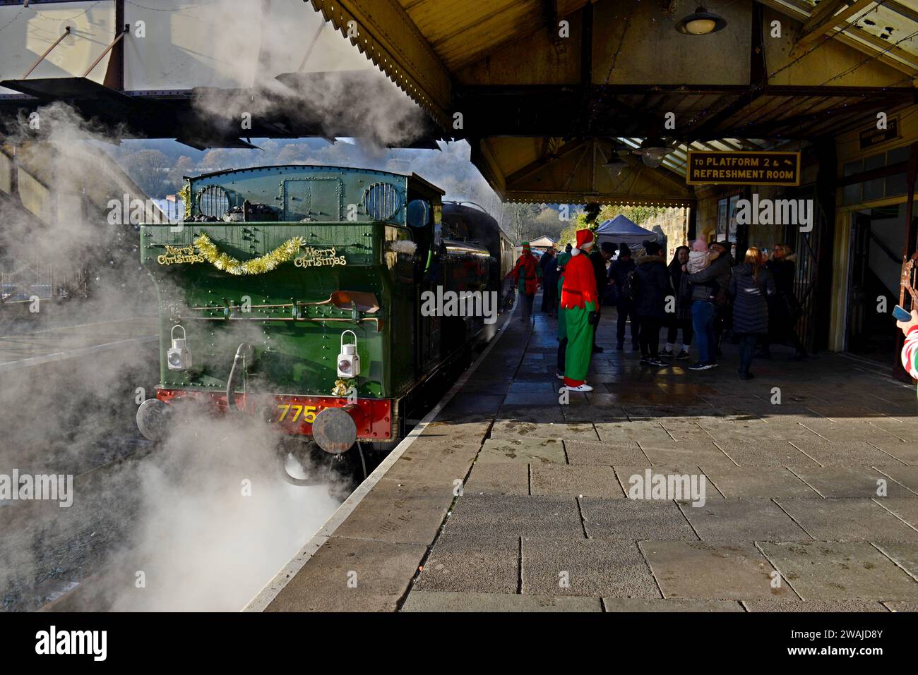 Newly restored GWR pannier tank 7754 leaving Llangollen Station with a