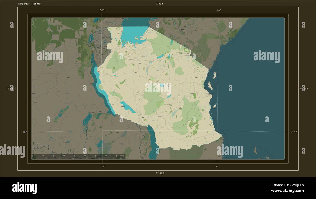 Tanzania highlighted on a topographic, OSM Humanitarian style map map ...