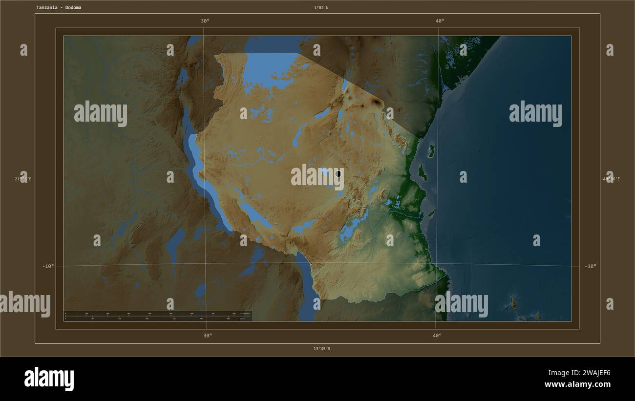 Tanzania highlighted on a Colored elevation map with lakes and rivers ...