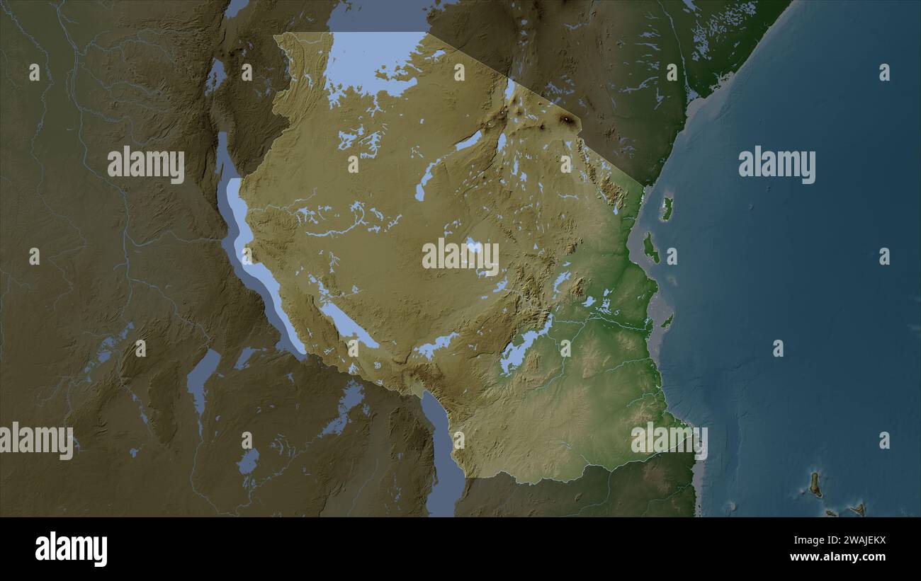 Tanzania highlighted on a Pale colored elevation map with lakes and ...