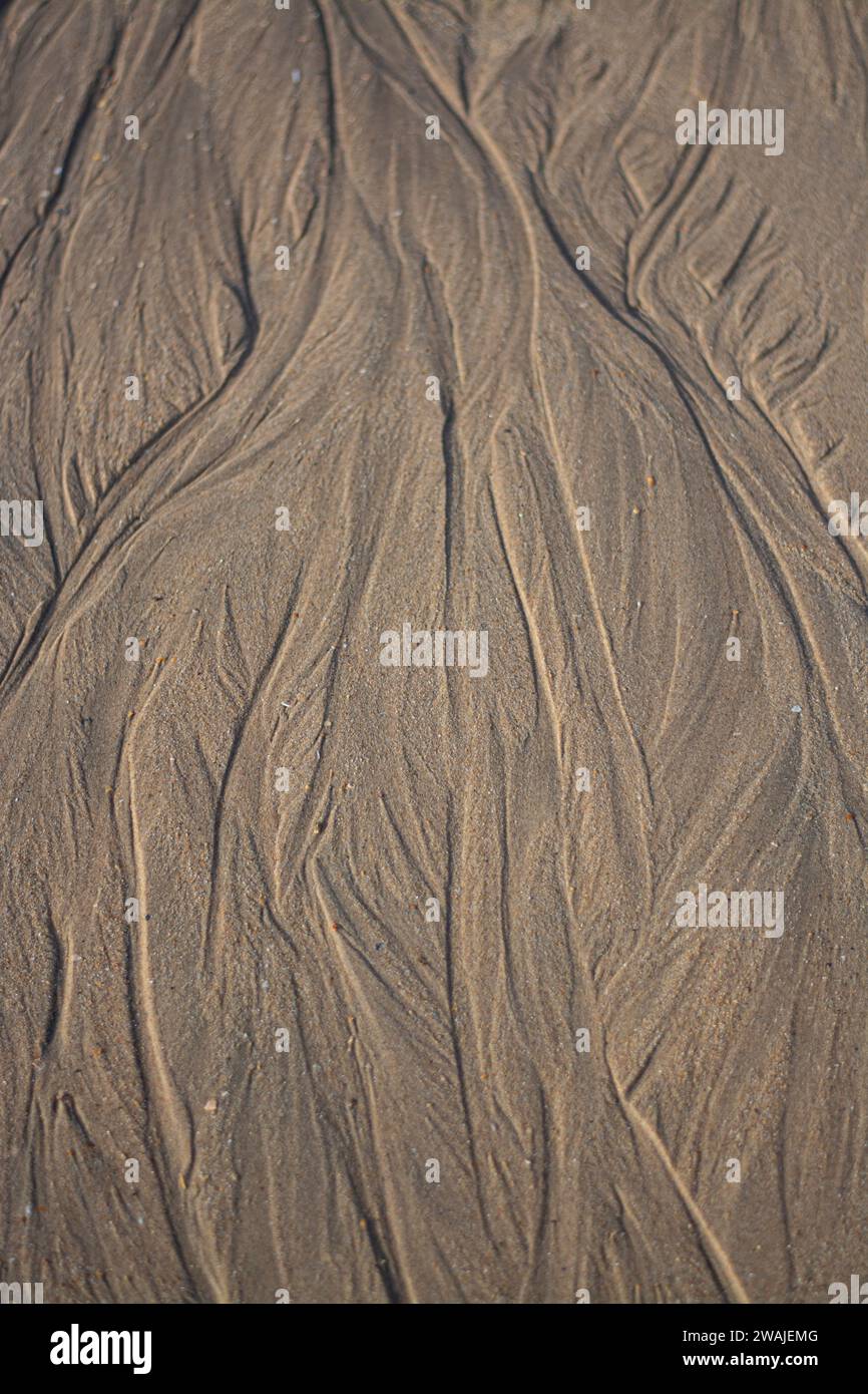 Wet beach sand etched by gentle waves, resembling nature's canvas of shallow ridges in the sand Stock Photo