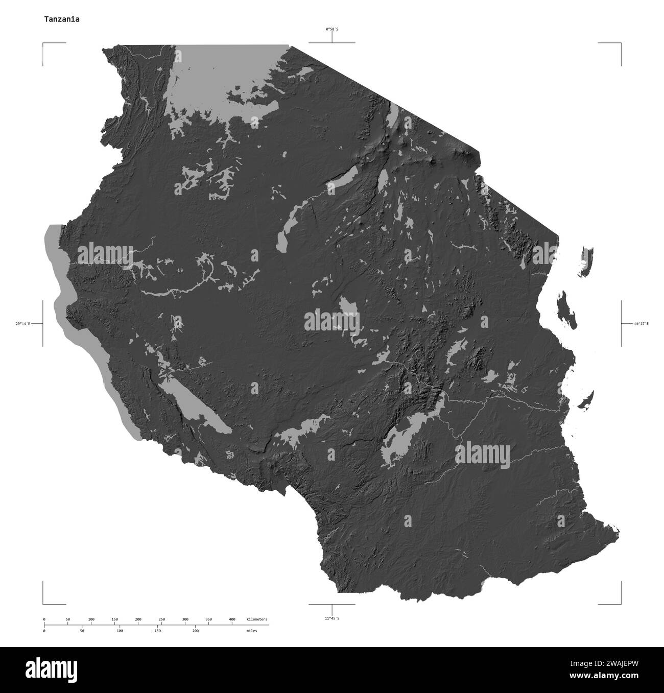 Shape of a Bilevel elevation map with lakes and rivers of the Tanzania ...