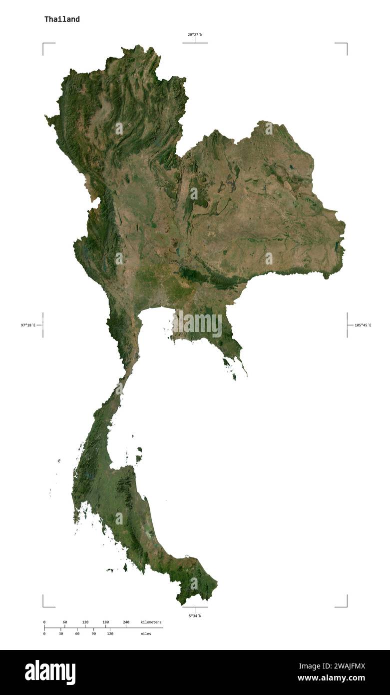 Shape of a low resolution satellite map of the Thailand, with distance ...