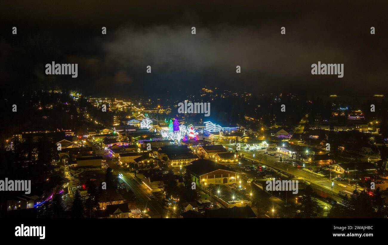 Aerial view of the Christmas lights of Leavenworth, Washington