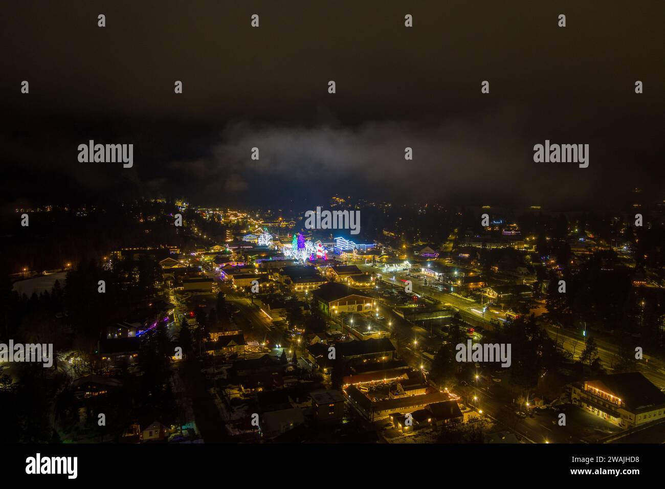 Aerial view of the Christmas lights of Leavenworth, Washington