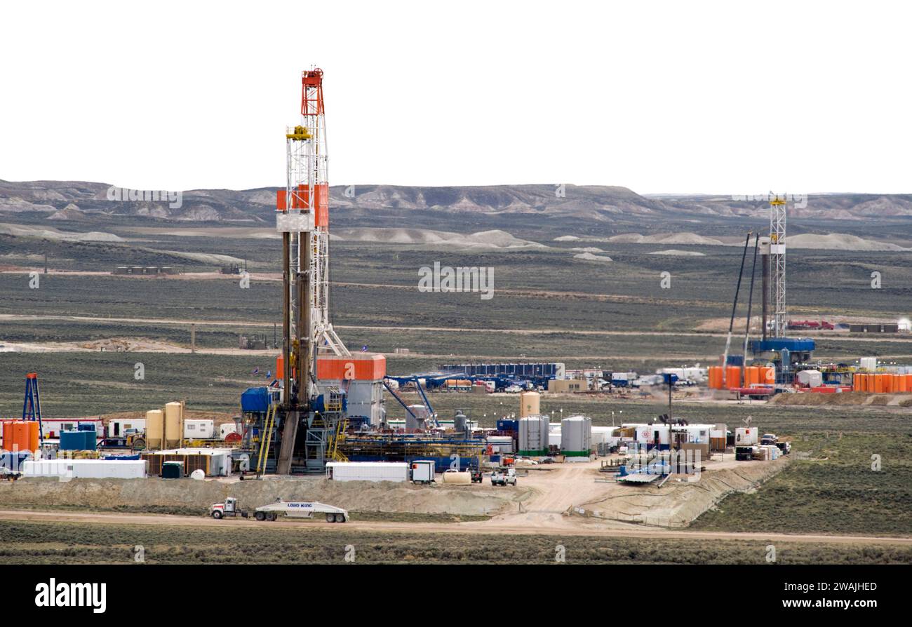 Between Pinedale and Big Piney, rigs drill for natural gas on the