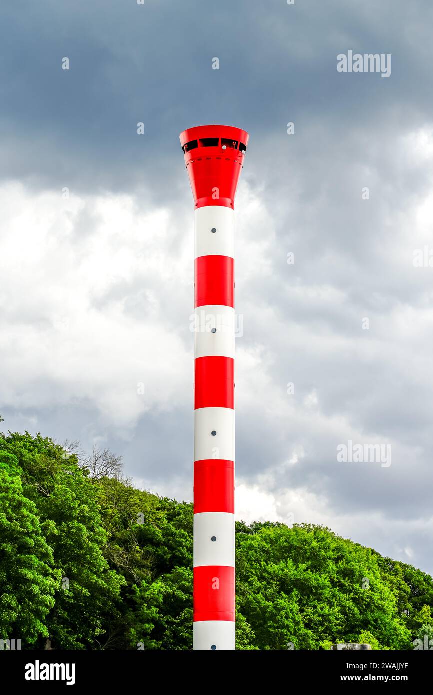 Red and white lighthouse Muehlenberg near Hamburg. Historic lighthouse on the Elbe at the Muehlenberg marina. Stock Photo