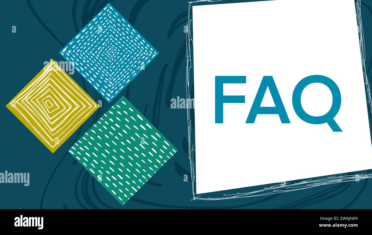 FAQ - Frequently Asked Questions Colorful Turquoise Squares Elements Text White Box Stock Photo