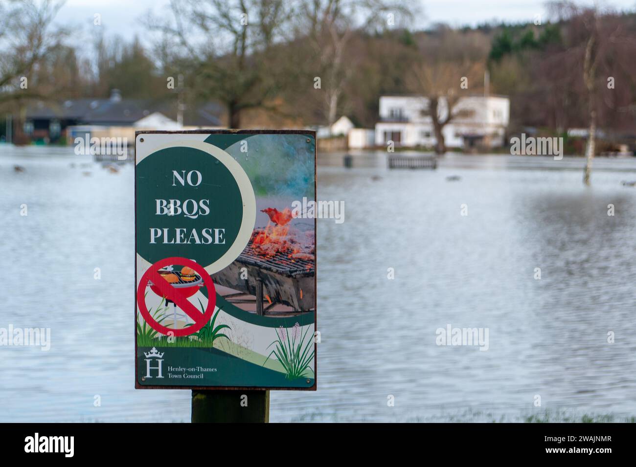Henley on Thames, Oxfordshire, UK. 5th January, 2024. The River Thames has burst its banks in Henley on Thames in Oxfordshire. A Flood Warning is in place for the River Thames for Henley, Remenham and Medmenham. Property flooding is expected. Credit: Maureen McLean/Alamy Live News Stock Photo