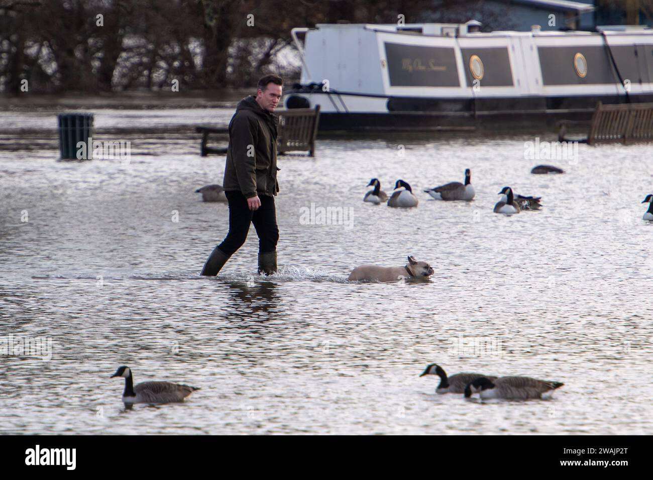 Henley on Thames, Oxfordshire, UK. 5th January, 2024. The River Thames has burst its banks in Henley on Thames in Oxfordshire. A Flood Warning is in place for the River Thames for Henley, Remenham and Medmenham. Property flooding is expected. Credit: Maureen McLean/Alamy Live News Stock Photo