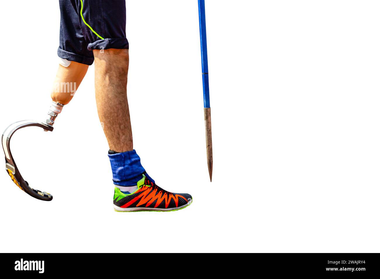 leg on prosthesis male athlete with spear at athletics isolated on white background, summer para sports games Stock Photo