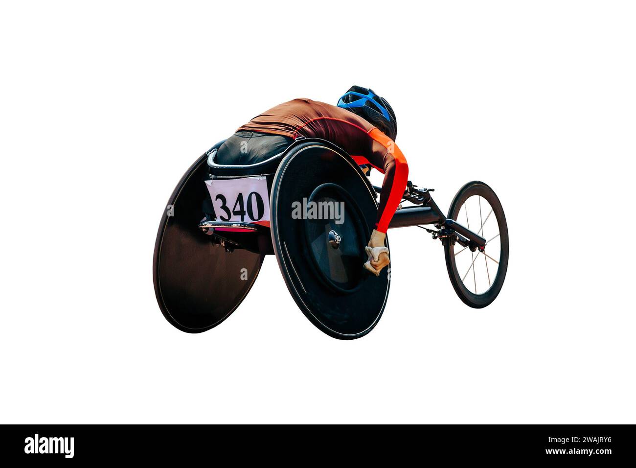 female athlete in wheelchair racing in para athletics race isolated on white background, summer sports games Stock Photo