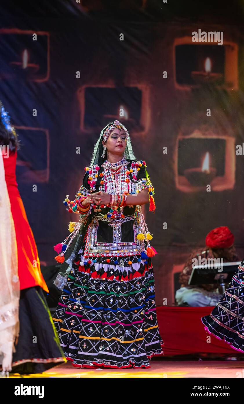 Kalbelia are a snake charming tribe from the Thar Desert in Rajasthan, India. The dance is an integral part of their culture and performed by women. Stock Photo