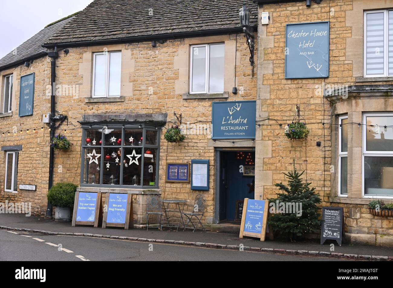 L'Anatra, an Italian restaurant in the Cotswold village of Bourton on the Water, Gloucestershire Stock Photo