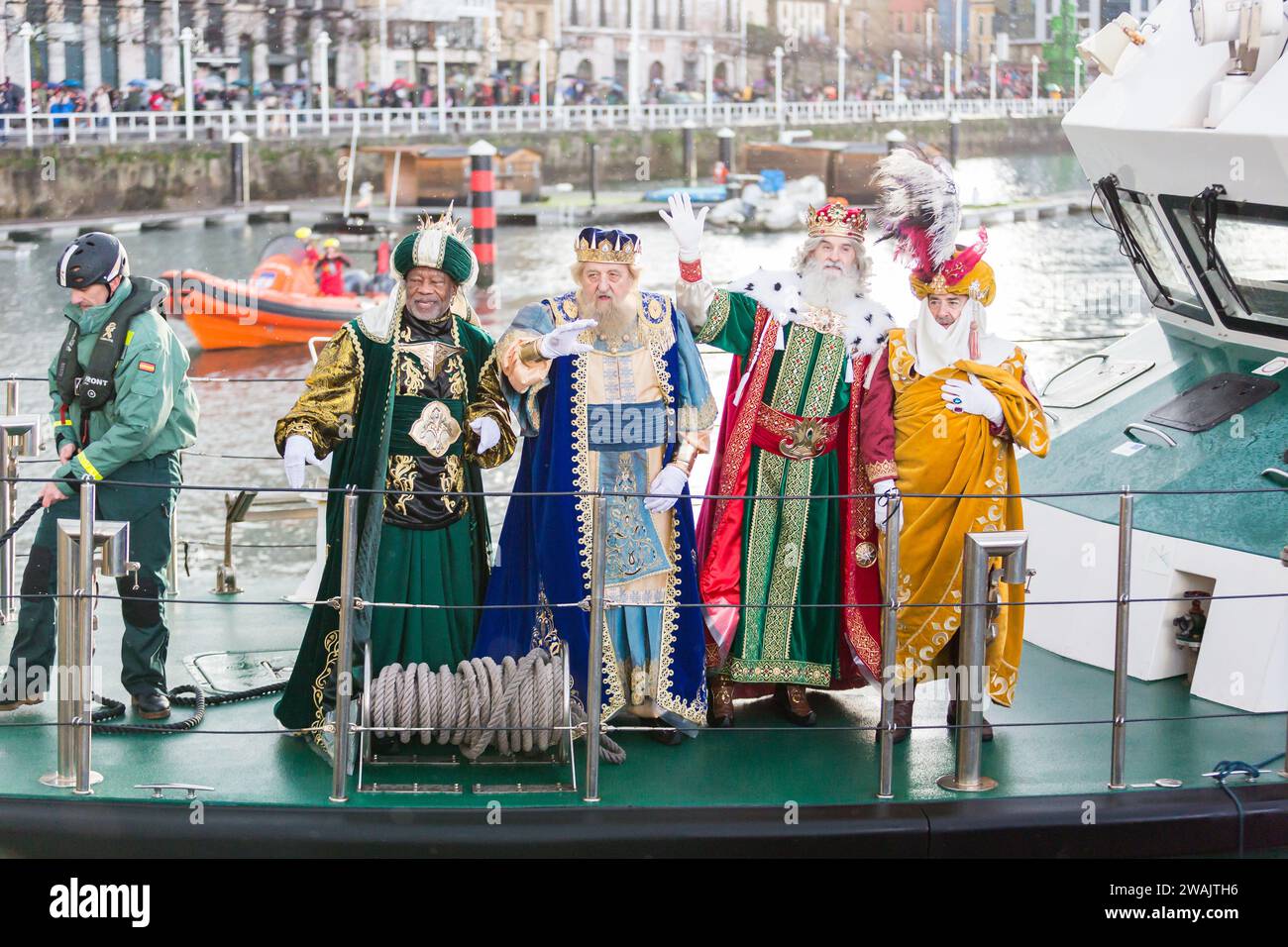 05.01.2024 Arrival of the Three Wise Men by boat to Gijón, northern Spain. The wizards of the East. Melchior, Gaspar and Baltasar, after the birth of Jesus of Nazareth. In Spain, starting in the 19th century, the tradition began of turning Twelfth Night (the night before the Epiphany) into a children's party with gifts for the children, in imitation of what was done in other countries on Christmas Day, in tribute to the eastern saint Saint Nicholas. It was in 1866 when the first Three Wise Men parade was held in Alcoy, a tradition that spread to the rest of the country Stock Photo