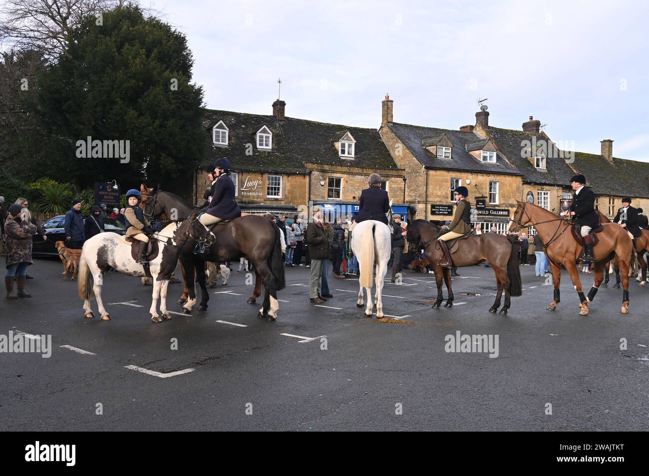 The Heythrop Hunt tradtionally hold a meet on New Year's Day in the Cotswold town of Stow on the Wold, Gloucestershire. Stock Photo