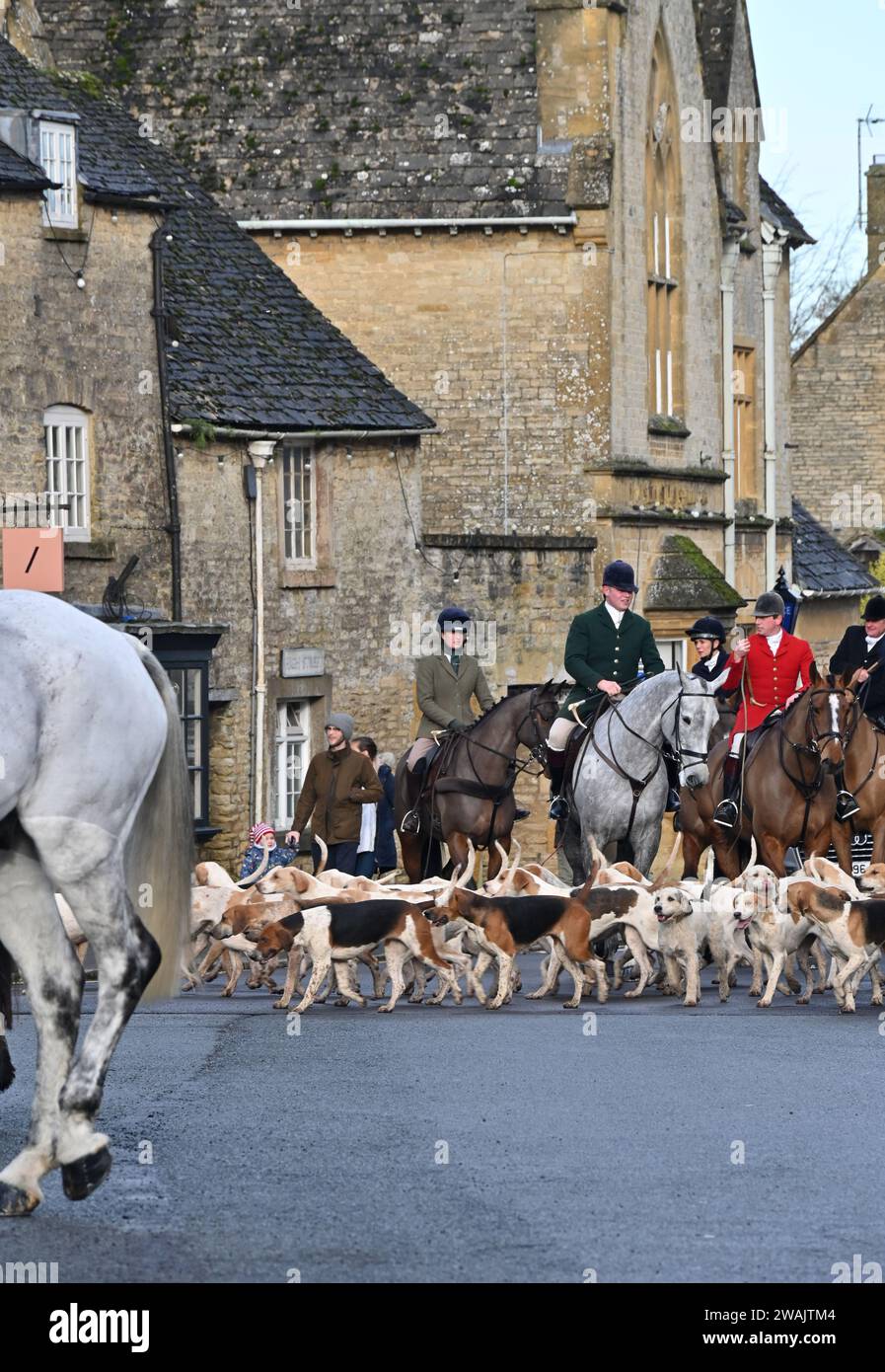 Arrival of the Heythrop Hunt hounds at Stow on the Wold, Gloucestershire for the traditional New Year's Day Meet. Stock Photo