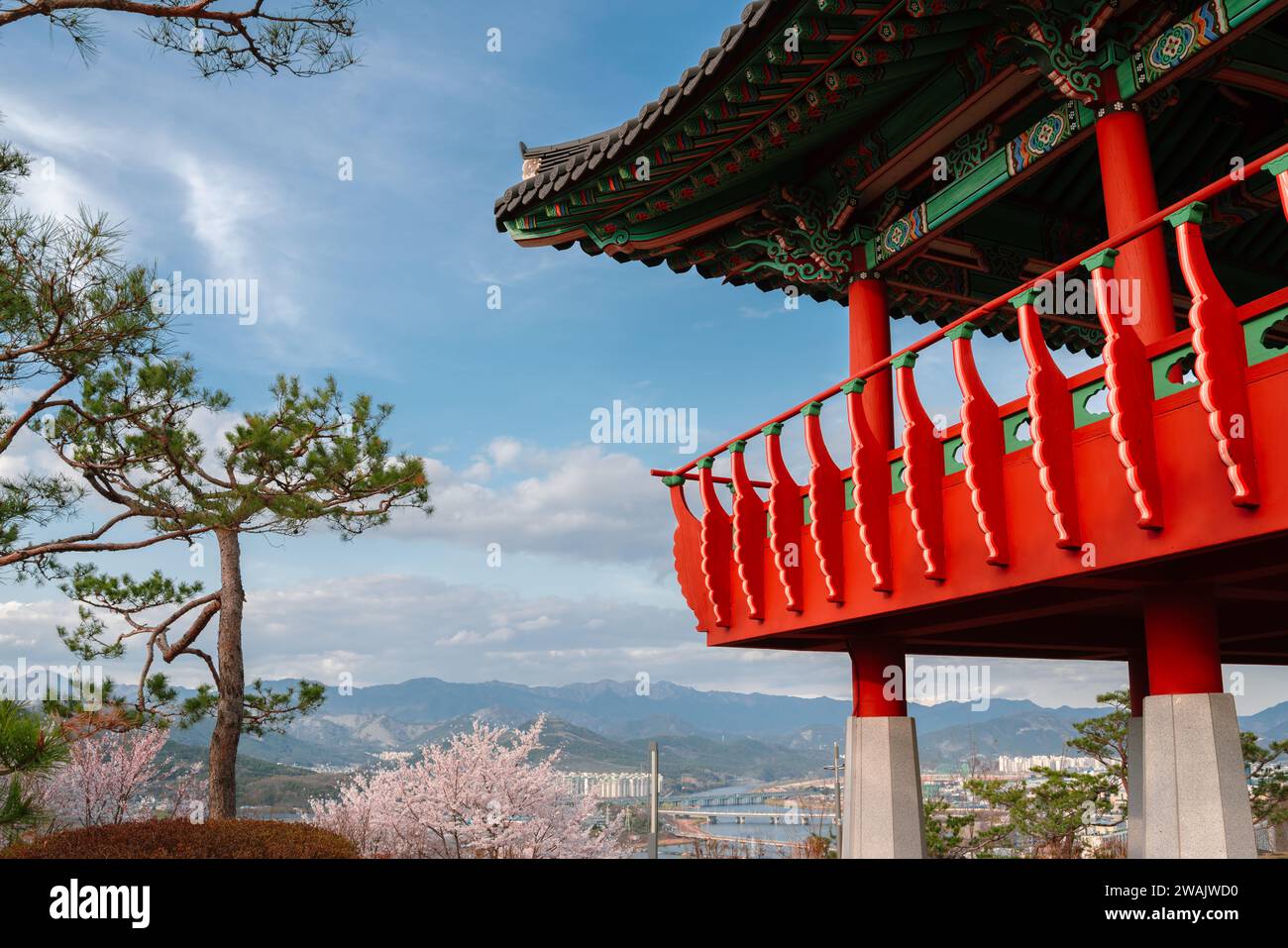 Chimsan park traditional pavilion and panoramic view at spring in Daegu ...