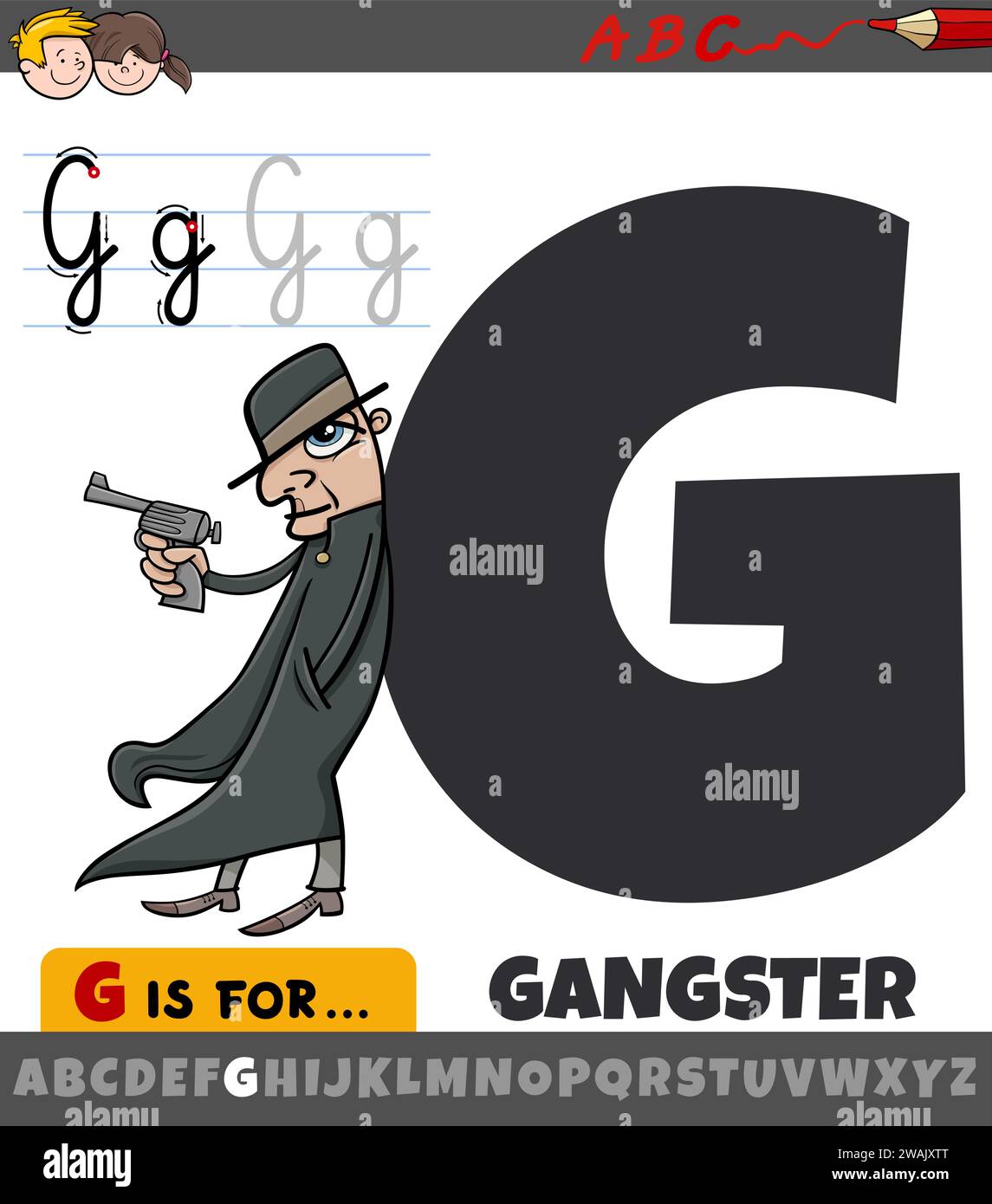 Educational cartoon illustration of letter G from alphabet with gangster character Stock Vector