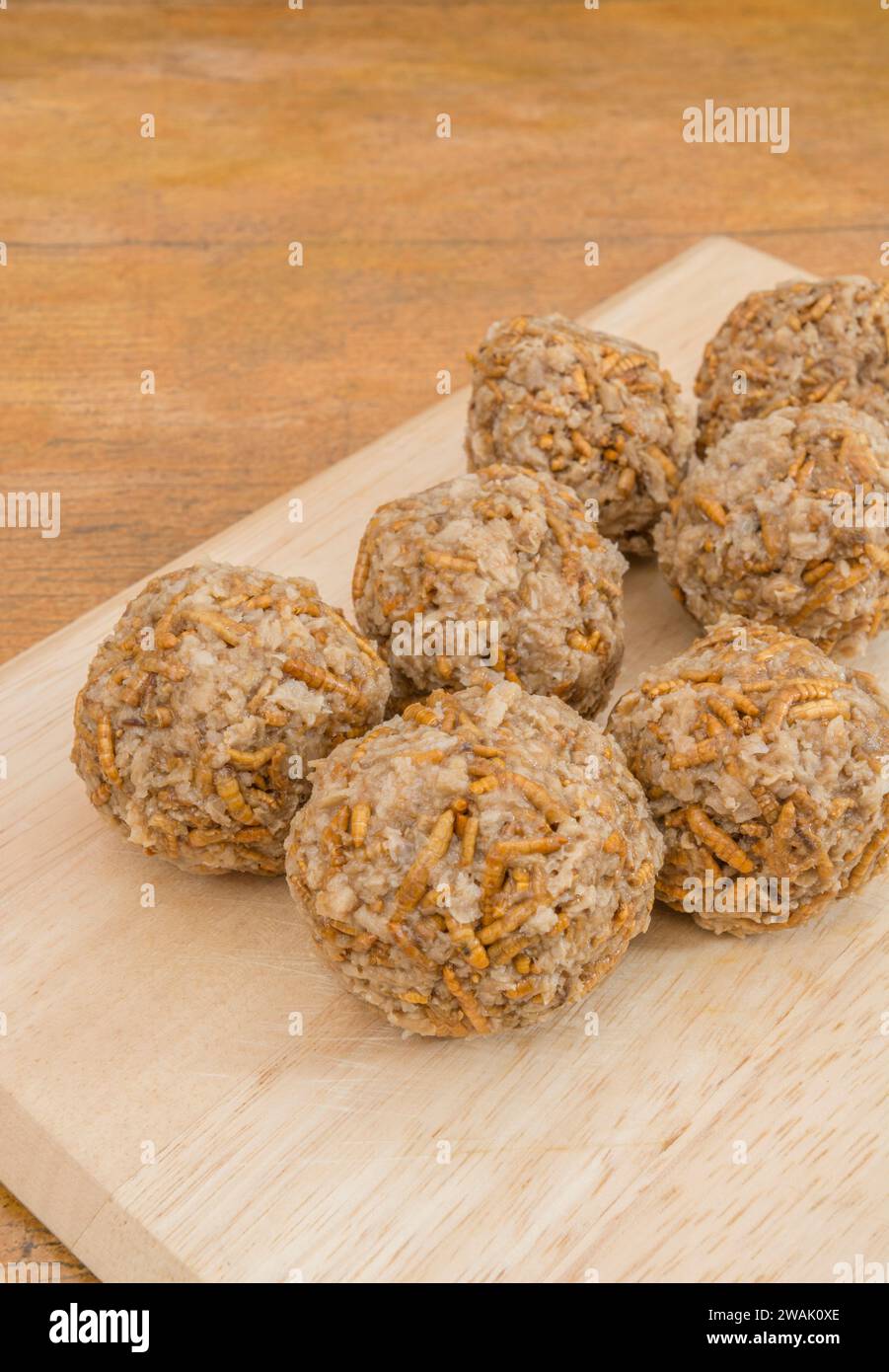 Meatballs made with Mealworms / Tenebrio molitor. Insects are eaten as food in many parts of the world, and don't have to be scary. See Notes Stock Photo