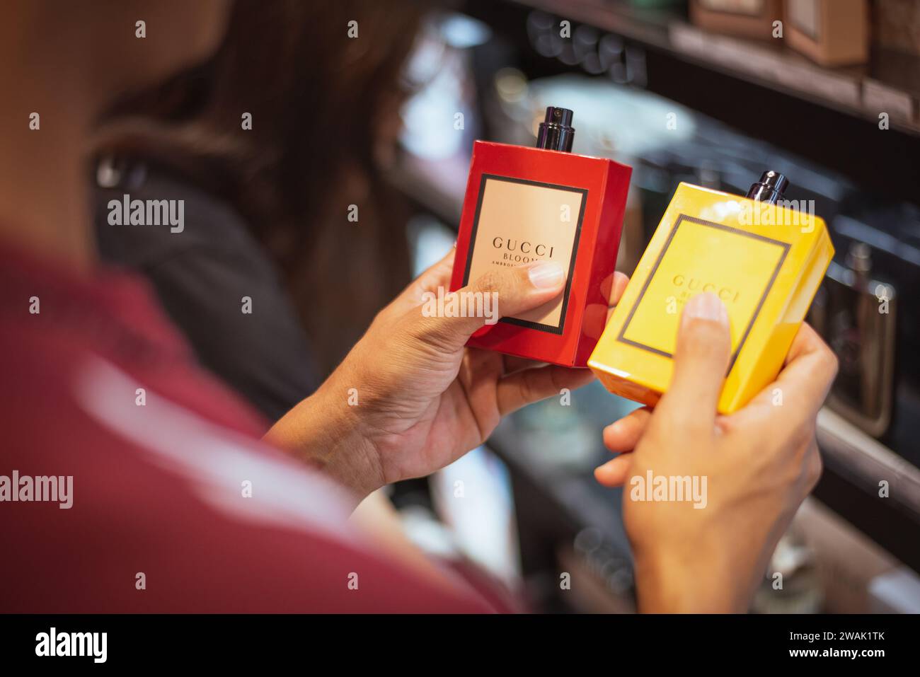 Gucci Bloom Ambrosia Di Fiori (red) and Gucci Bloom Profumo di Fiori (yellow) on November 26, 2023 in Bangkok, Thailand. Stock Photo