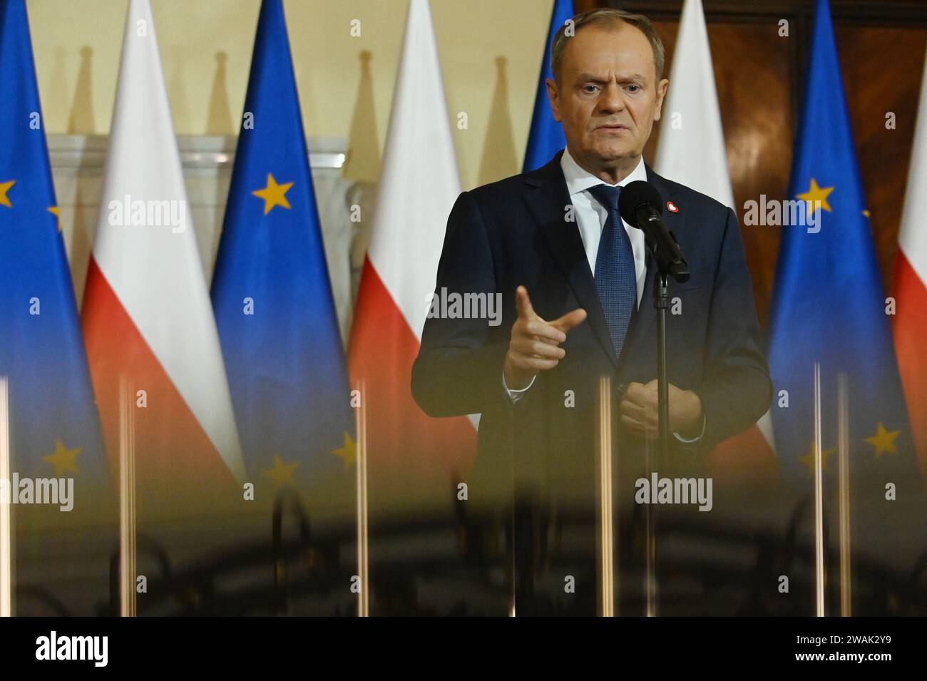 Warsaw, Poland. 03rd Jan, 2024. Press-conference of new Prime Minister Donald Tusk, KPRM, Warsaw, Poland on Jan. 3, 2024. Goverment and justice crisis in Poland go on. (Photo by Aleksy Witwicki/Sipa USA) Credit: Sipa USA/Alamy Live News Stock Photo