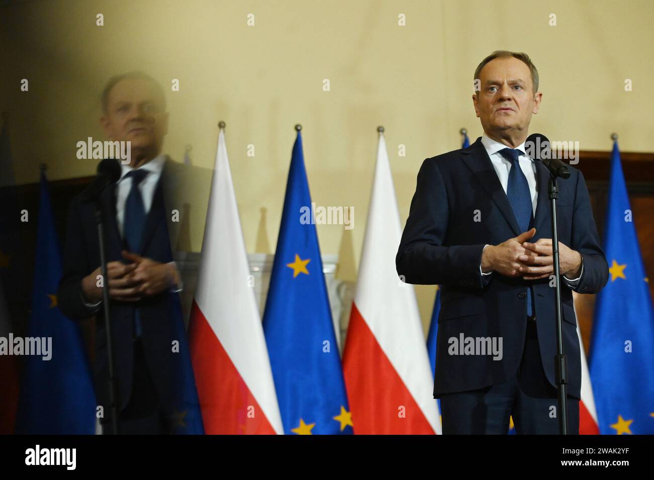 Warsaw, Poland. 03rd Jan, 2024. Press-conference of new Prime Minister Donald Tusk, KPRM, Warsaw, Poland on Jan. 3, 2024. Goverment and justice crisis in Poland go on. (Photo by Aleksy Witwicki/Sipa USA) Credit: Sipa USA/Alamy Live News Stock Photo