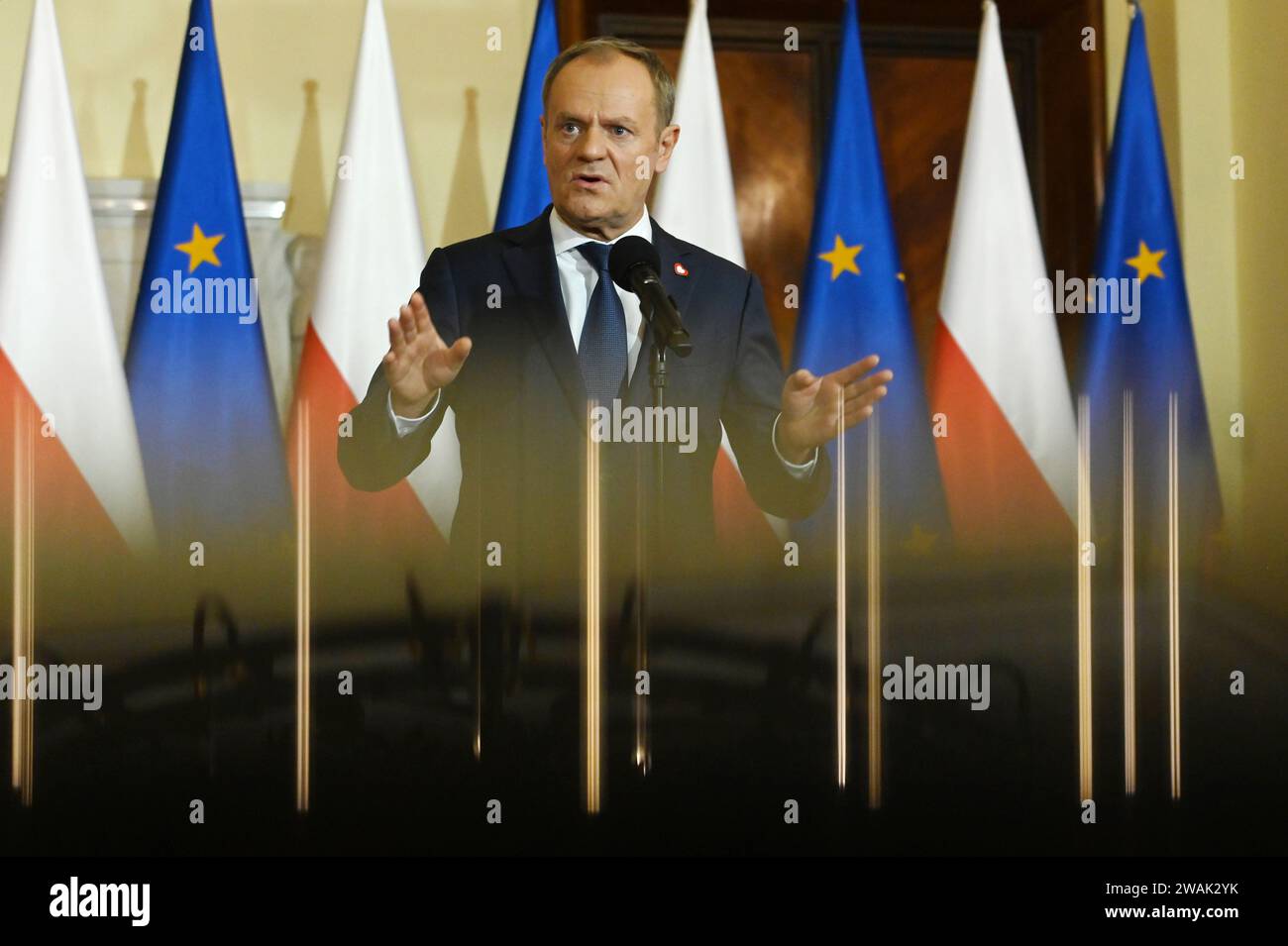 Warsaw, Poland. 03rd Jan, 2024. Press-conference of new Prime Minister Donald Tusk, KPRM, Warsaw, Poland on Jan. 3, 2024. Goverment and justice crisis in Poland go on. (Photo by Aleksy Witwicki/Sipa USA) Credit: Sipa USA/Alamy Live News Stock Photo